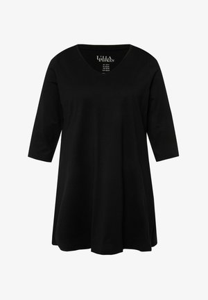 Tunic nera con scollo a V, maniche a tre quarti e vestibilità ampia. Realizzata in un tessuto morbido con una texture liscia.