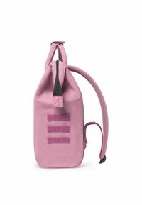 Pink backpack with a sleek design, fabric material, padded back, top handles, and three textured straps on the front.