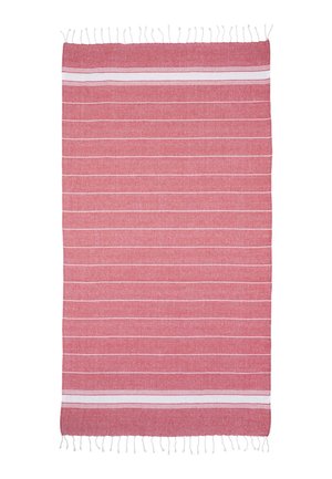 Red rectangular textile with thin white horizontal stripes and white fringe on short edges.