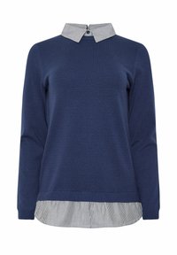 Granatowy sweter z dzianiny z kołnierzykiem pod spodem, z cienkimi paskami. Długie rękawy i zaokrąglony dół.