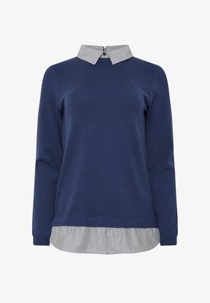 Granatowy sweter z dzianiny z kołnierzykiem pod spodem, z cienkimi paskami. Długie rękawy i zaokrąglony dół.