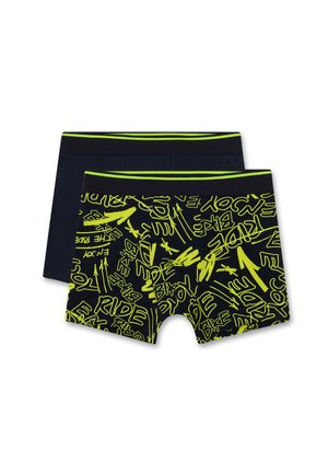 Pantaloni da bagno per ragazzi: uno di colore blu scuro, l'altro con stampa grafica nera e gialla neon, in misto cotone, con cintura elastica. Set di due pezzi.