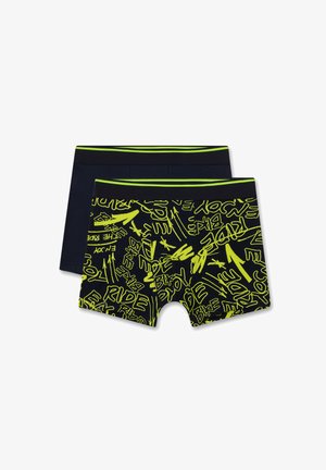 Pantaloni da bagno per ragazzi: uno di colore blu scuro, l'altro con stampa grafica nera e gialla neon, in misto cotone, con cintura elastica. Set di due pezzi.