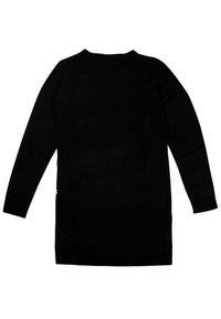 Abito maglione nero in maglia con maniche lunghe, scollo rotondo e polsini a coste. Tessuto liscio, design fino al ginocchio e dettagli minimali.