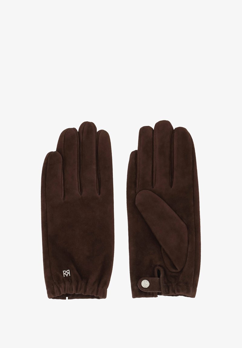 Brūnas zamšādas cimdi ar mīkstu tekstūru, ar pogas aizdari un krokotu dizainu, kas nodrošina ciešu piegājienu. Ievērojams logo uz plaukstas daļas.