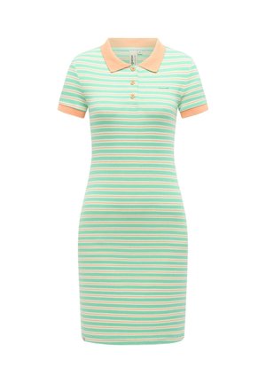 Kortærmet polokjole med vandrette striber i mintgrøn og fersken, ferskenfarvet krave og manchetter samt tre knapper foran.