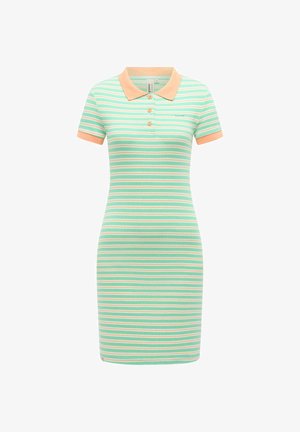 Kurzärmeliges Polokleid mit horizontalen Streifen in Minzgrün und Pfirsich, pfirsichfarbenem Kragen und Manschetten sowie drei Knöpfen vorne.