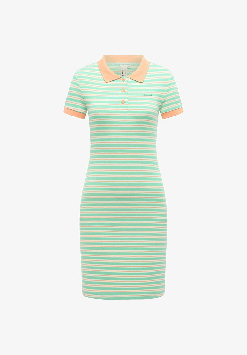 Polo-jurk met korte mouwen in mintgroene en perzikkleurige horizontale strepen, perzikkleurige kraag en manchetten, en drie knopen aan de voorkant.