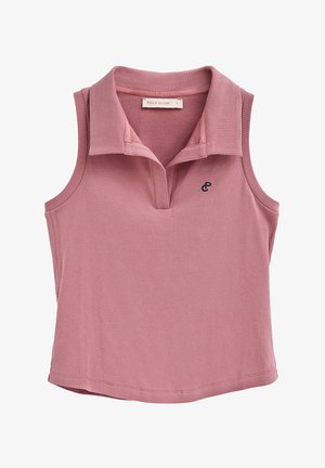 Polo in tessuto a coste rosa chiaro, senza maniche e con colletto, caratterizzato da un piccolo logo scuro sul petto. Texture liscia, linee pulite.