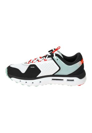 Mid-top athletic shoe with a white mesh upper, black accents, and red laces. Features a light blue heel and a textured rubber sole.