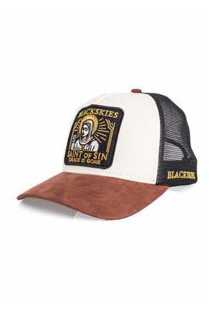 Biało-czarna siateczkowa czapka z daszkiem z brązowego zamszu, z naszywką przedstawiającą świętego oraz tekstem "BLACKSKIES SAINT OF SIN GRACE IS GONE."