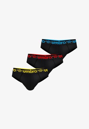 Trois slips noirs pour hommes avec des ceintures de marque en bleu, rouge et jaune, présentant le logo Umbro sur un fond blanc.