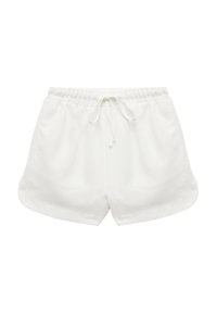 Valkoiset shortsit, jotka on valmistettu teksturoidusta kankaasta ja joissa on elastinen vyötärö ja säädettävä naru. Sisältää sivutaskut ja kaarevan helman.