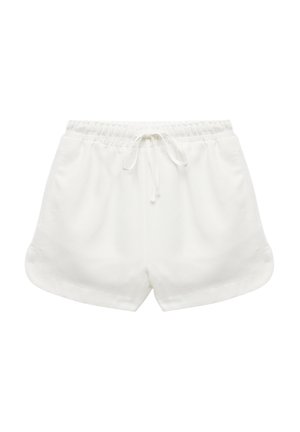 Shorts blancos de tejido texturizado, con cintura elástica y cordón para un ajuste regulable. Incluyen bolsillos laterales y dobladillo curvado.