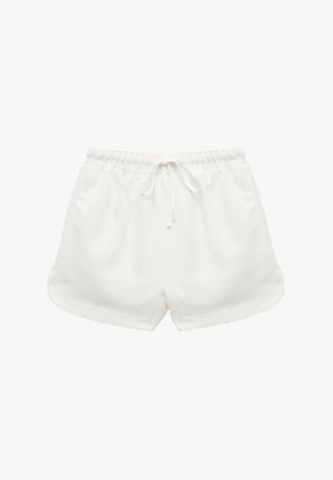 Bermuda bianche realizzate in tessuto strutturato, dotate di una fascia elastica in vita e un cordino per una vestibilità regolabile. Comprendono tasche laterali e un orlo curvo.