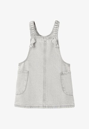 Salopette in denim grigio chiaro con due tasche frontali e spalline testurizzate. Presenta un taglio dritto e un design classico e minimale.