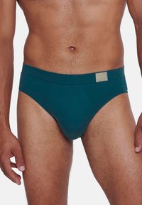 Teal Baumwollslip mit einer enganliegenden Passform. Verfügt über einen breiten Bund und ein kleines Logopatch auf der Vorderseite. Glatte Textur, keine Muster.