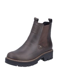 Botte Chelsea en cuir marron avec semelle en caoutchouc noir, panneau latéral élastique et tirants à l'avant et à l'arrière, présentée sur fond blanc.