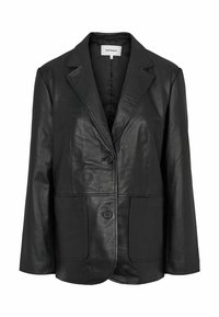 Zwarte leren blazer met een gestructureerde kraag, twee knopen en twee voorzakken. De gladde textuur en de getailleerde snit versterken het gestructureerde ontwerp.