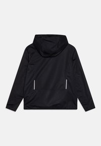 Black waterproof jacket with a hood, featuring a smooth texture, reflective accents, and a streamlined design. Back view shows side pockets.