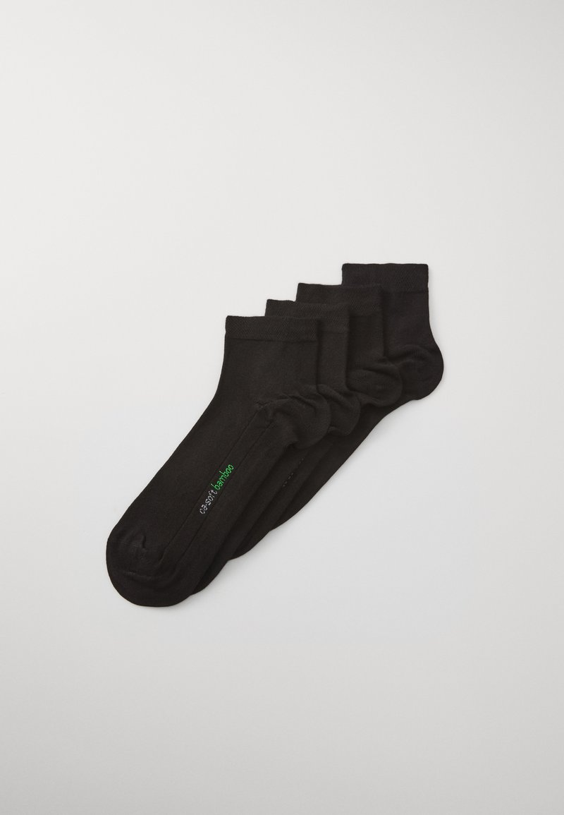 Sosete din bambus negru, cu o textură netedă și vârf întărit. Pachetul include patru perechi cu un detaliu mic reprezentând un logo verde.