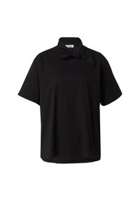 Zwarte korte mouwen top met een Mandarin-kraag en een gestrikte strikdetail bij de hals. Gemaakt van soepele stof met een losse pasvorm.
