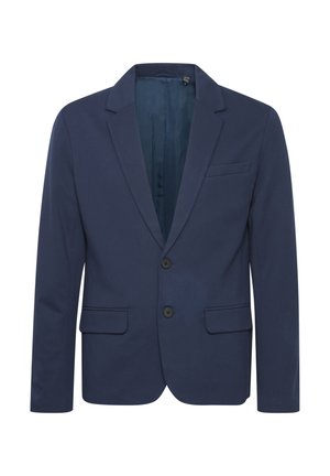Navy blue blazer with a Notch lapel, two buttons, and two front pockets; made from smooth fabric with a subtle sheen.