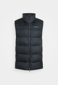 Černá péřová vesta s vysokým límcem, prošívaným designem, předním zipovým uzávěrem a decentním logem na hrudi. Hladká, lehká tkanina.