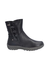 Botas de tobillo de cuero negro con una textura suave, que presentan correas decorativas en los laterales y una suela de goma gris para agarre.