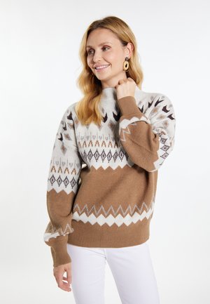 Pulover tricotat cu guler înalt, cu modele geometrice în nuanțe de maro, crem și gri. Textură moale, manșete și margine ribbate.