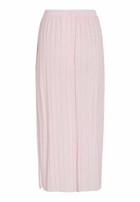 Gonna midi plissé in rosa soft, realizzata in tessuto leggero, con righe verticali e una vita elastica per il massimo comfort.