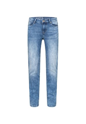Light blue denim jeans with a straight-leg cut, featuring a slight fade, five pockets, and a button closure at the waist.