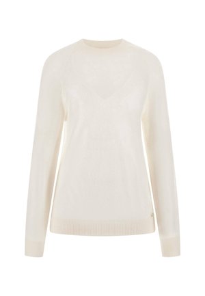 Maglione crema chiaro realizzato in tessuto morbido, con scollo rotondo, maniche lunghe, polsini a costine e una leggera lucentezza nella trama.