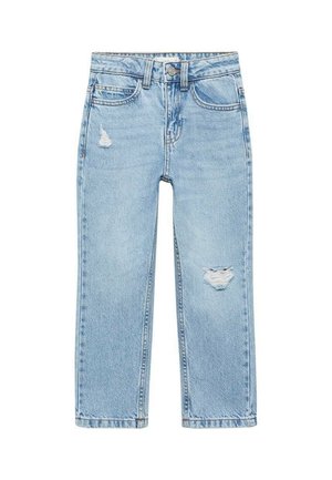 Jasnoniebieskie jeansy z denimu z wysokim stanem, prostymi nogawkami i dwoma przetartymi miejscami na górnym udzie i kolanie.