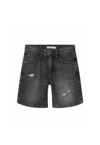 Shorts en denim noir avec un ourlet effiloché et des détails usés. Comprend cinq poches et une fermeture à bouton. Texture lisse avec un léger éclat.