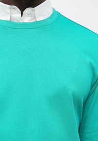 Türkiisroheline puuvillane t-särk ümar kaelusega, millel on sile tekstuur ja lihtne disain. All on valge kraega särk.