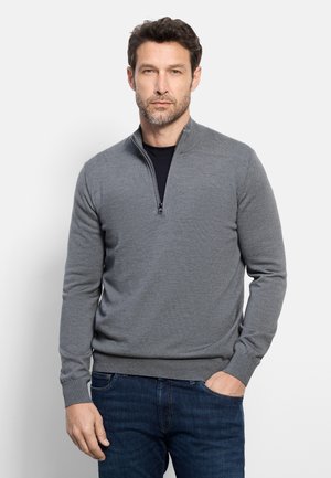 Mann mit kurzem dunklem Haar und Bart, trägt einen grauen Pullover mit halbem Reißverschluss über einem schwarzen Hemd und blauen Jeans, steht mit einer Hand in der Hosentasche.