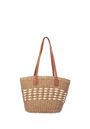 Brun vævet strånetote-taske med to lange lysebrune læderhåndtag og et horisontalt mønster af lysere vævede løkker.
