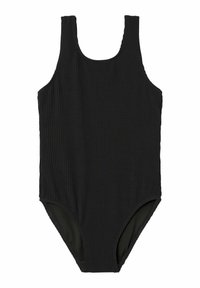 Maillot de bain une pièce noir à côtes avec de larges bretelles, un décolleté large et des cuisses de coupe modérée. Doublure intérieure lisse. Aucun motif ni accent.