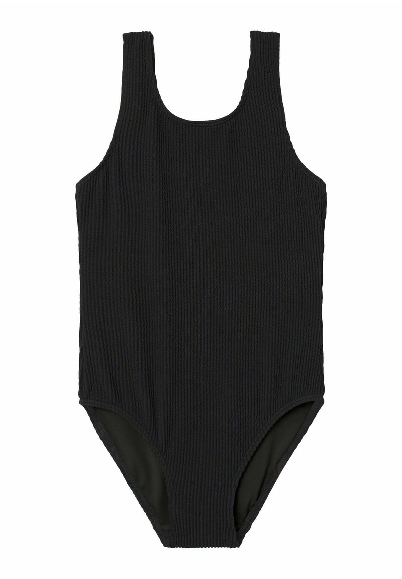 Maillot de bain une pièce noir à côtes avec de larges bretelles, un décolleté large et des cuisses de coupe modérée. Doublure intérieure lisse. Aucun motif ni accent.