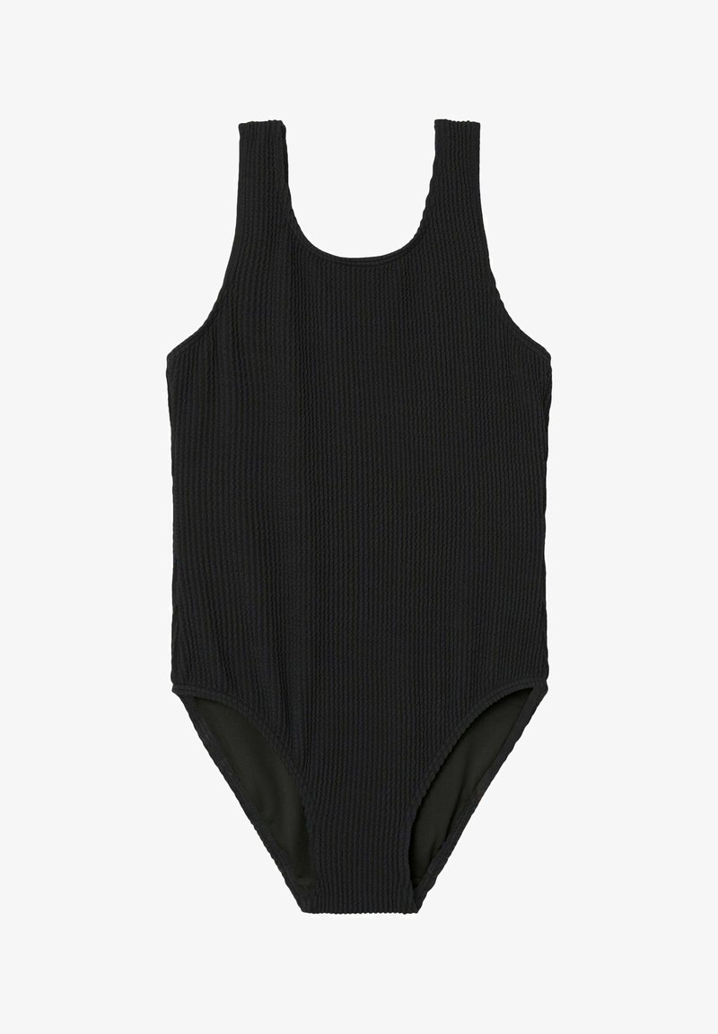 Maillot de bain une pièce noir à côtes avec de larges bretelles, un décolleté large et des cuisses de coupe modérée. Doublure intérieure lisse. Aucun motif ni accent.