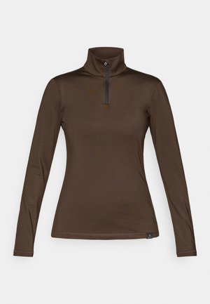 Brown, long-sleeve top with a high collar and zip closure, made of smooth, stretch fabric. Features flat seams and a small logo detail.