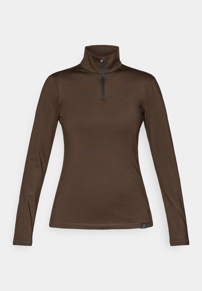 T-shirt castanho de mangas longas com colarinho alto e fecho de zíper, feito de um tecido liso e elástico. Apresenta costuras planas e um pequeno detalhe de logotipo.