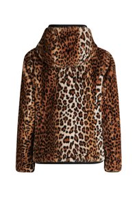 Futro w panterkę z kapturem, charakteryzujące się miękką teksturą, brązowymi i czarnymi plamami na jasnobrązowym tle oraz czarnym dolnym wykończeniem.
