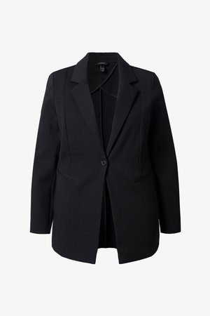 Schwarzer Ein-Knopf-Blazer mit spitzem Revers und zwei eingesetzten Taschen, taillierte Passform, lange Ärmel und glatter Stoffstruktur.