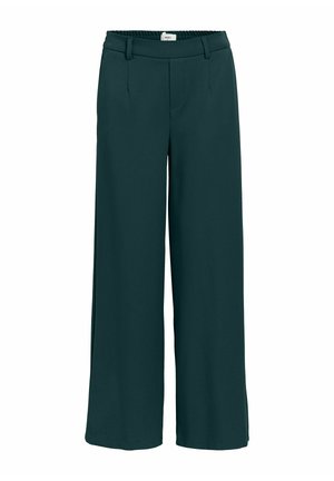 Hlače širokih nogavica u tamno petrolejnoj tkanini, s glatkom teksturom, elastičnim pojasom i dva prednja džepa s krojem po mjeri.