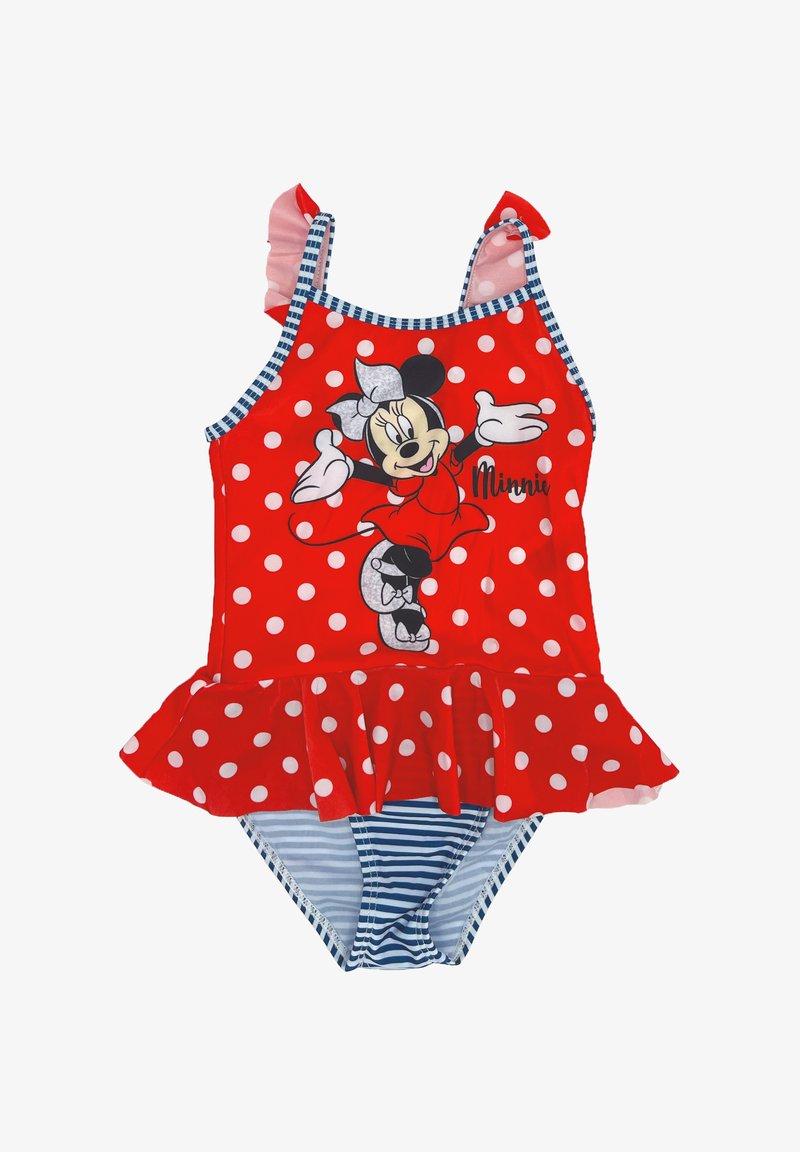 Roter Badeanzug mit weißen Punkten und Rüschen-Trägern, mit einem Minnie Mouse Motiv und einem ausgestellten Rock. Gestreifte blau-weiße Unterseite.