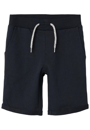 Marineblå afslappede shorts med elastisk taljebånd, hvid snor, sidelommer og opbukket kant.