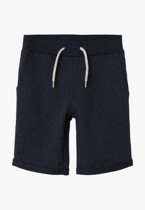 Marineblå afslappede shorts med elastisk taljebånd, hvid snor, sidelommer og opbukket kant.
