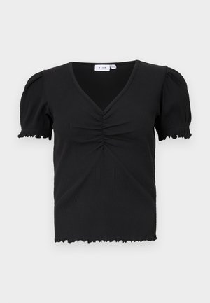 Black ribbed short-sleeve top with a V-neck, gathered detailing at the chest, and ruffled edges on sleeves and hem.